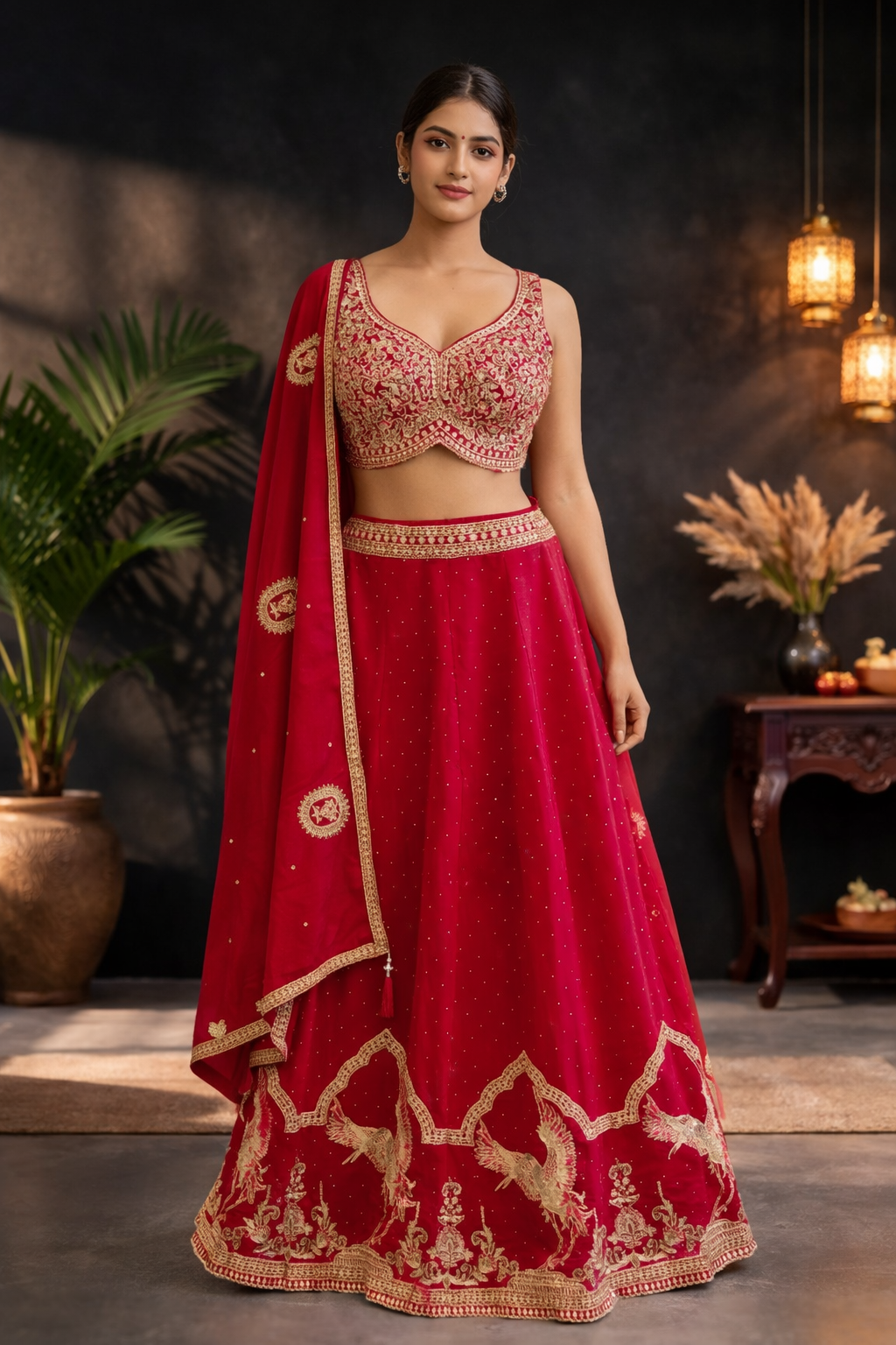 Bridal Red Embroidered Silk Lehenga Choli Set with Dupatta